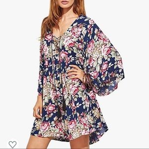 Boho Floral Print V Neck Mini Dress